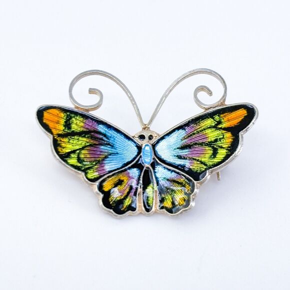 David Andersen | Guilloche Blue Enamel Butterfly Pin | Sterling Silver Brooch - Picture 2 of 7